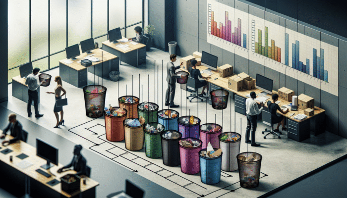 Workers sorting office waste into labelled bins, with waste reduction statistics displayed in the background.