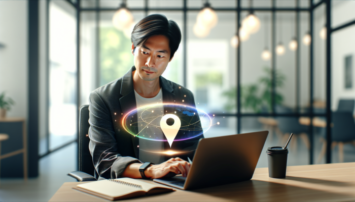 Individual verifying Google Business Listing on laptop, featuring Google logo and map pin, to enhance online visibility.