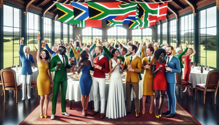 Diverse group celebrating at Mooi River Country Club, symbolising unity and inclusivity post-apartheid.