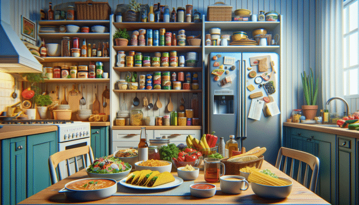 Best Tips for Cooking on a Budget: A colourful weekly meal planner with Mexican tacos, Italian pasta, and an open pantry and fridge.