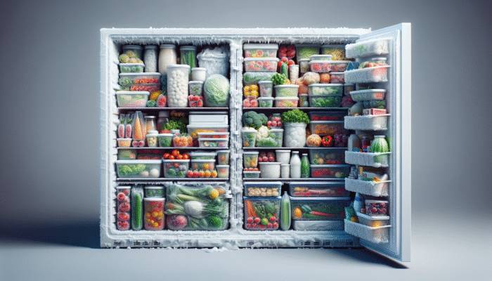 A variety of foods in labelled, airtight containers and freezer bags in a frost-covered freezer.