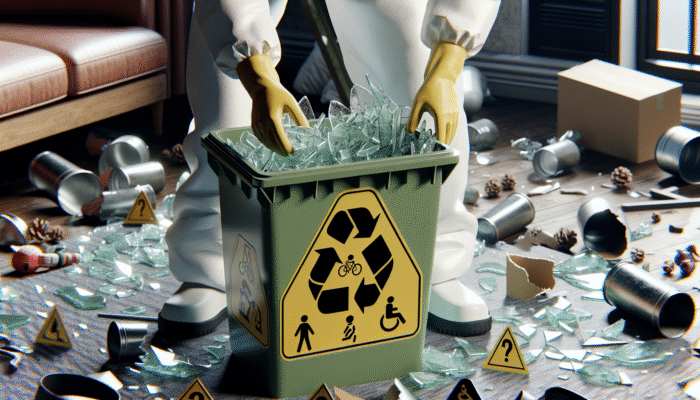 Person in gloves placing broken glass into labelled recycling container, safety posters in background.