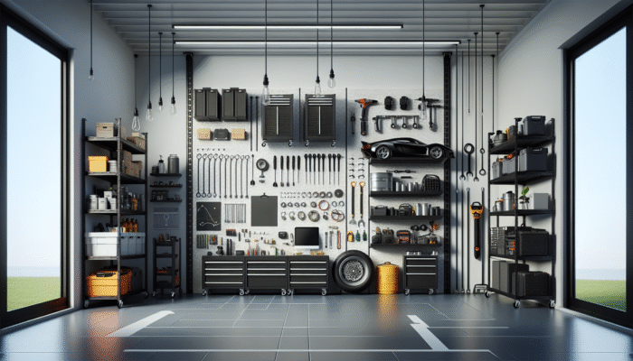Tool Organisation Strategies For Home Decluttering: Modern garage with tools on wall-mounted racks and pegboards, maximising vertical space and keeping floor clutter-free.