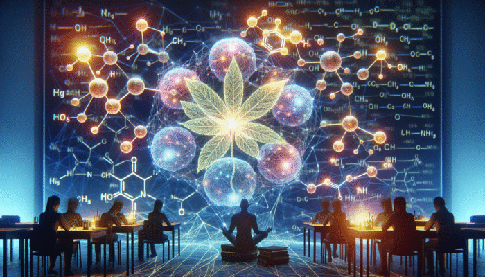 An intricate network of biochemical pathways with adaptogens enhancing serotonin levels, symbolising mood regulation and stress relief.