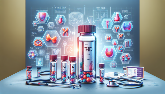 Illustration of a thyroid blood test showing vials labeled TSH, Free T4, Free T3, and other biomarkers in a modern lab.