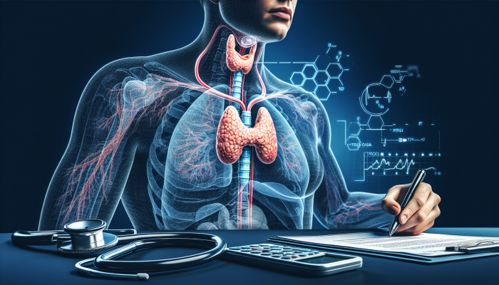 A medical illustration of a thyroid gland with advanced testing equipment, showing early detection and effective treatment.