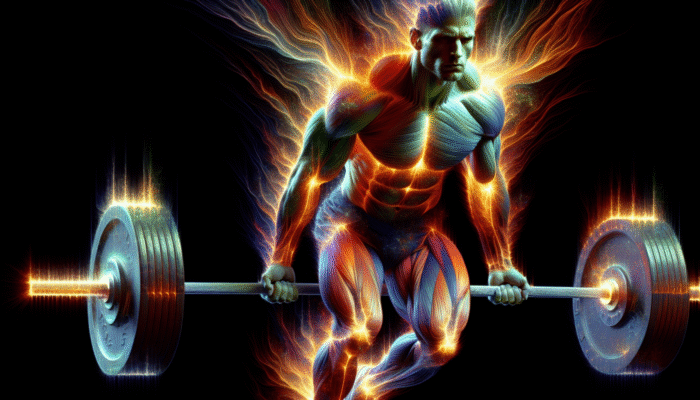 Athlete lifting weights, energised by caffeine's focus-enhancing aura.