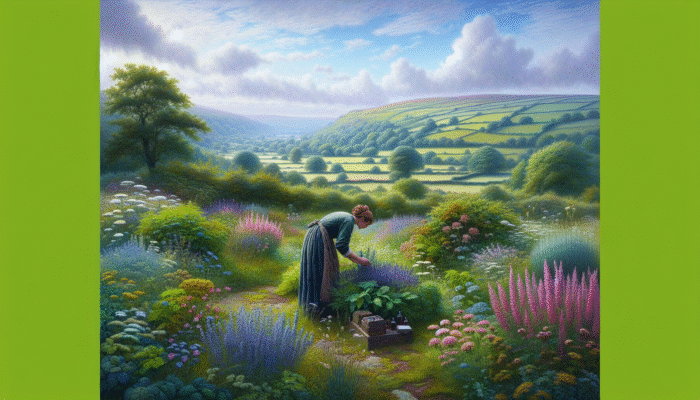 A person in herbalist attire collecting lavender, chamomile, and rosemary in a serene UK countryside.