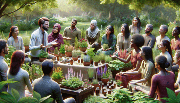 A diverse group at a garden workshop, learning from experienced herbalists about herbs and their uses.