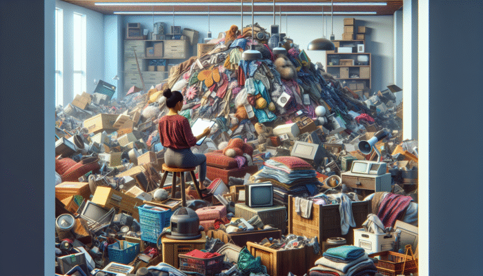 A person with a clipboard evaluating a disorganised living room for budget-friendly house clearance.
