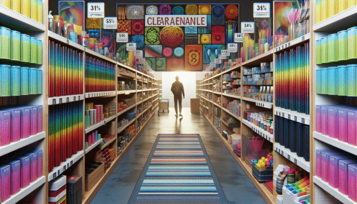 A person browsing a vibrant clearance section with signs of affordable prices, leading to a service counter with a friendly staff member.
