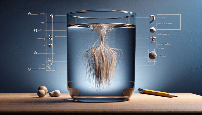 Three hair strands in water showing different porosity levels: sinking, floating, and in-between.