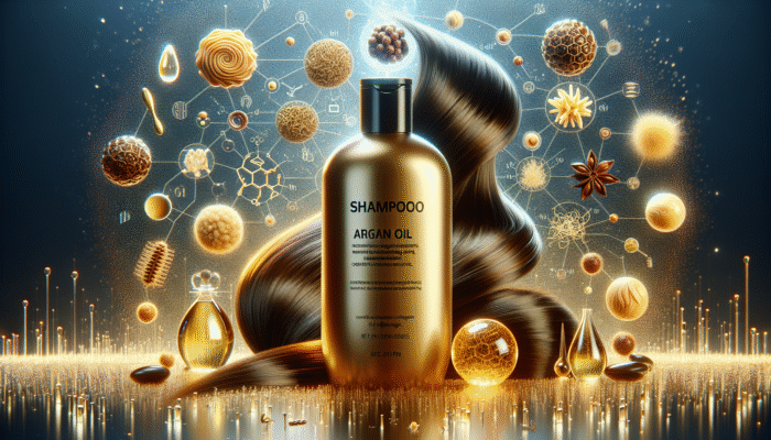 Shampoo bottle with argan oil and keratin, surrounded by vibrant, healthy hair strands.