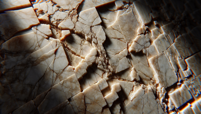 Close-up of travertine tiles showing cracks, chips, and fissures under bright light.