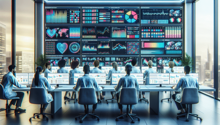 A diverse team analyzing colourful data analytics graphs on digital screens in a modern healthcare office.