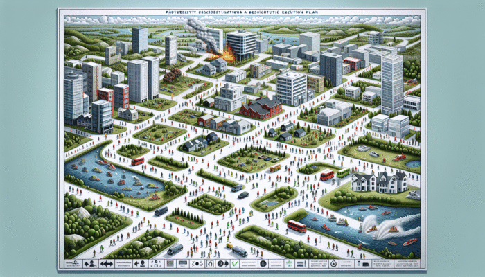 Illustration of evacuation plan with escape routes and meeting points in urban and rural settings, roles assigned.