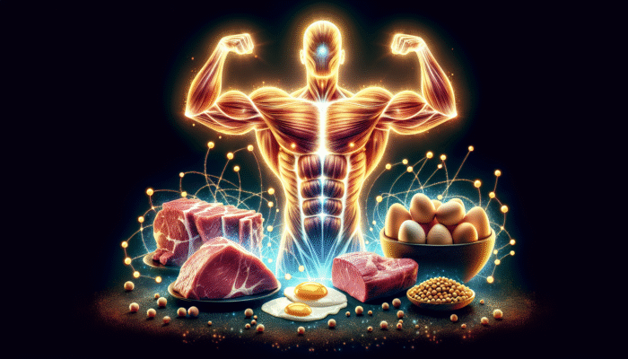 Are BCAAs Safe for Long-Term Use: Illustration of leucine, isoleucine, valine forming muscular structure, surrounded by meat, eggs, soybeans.
