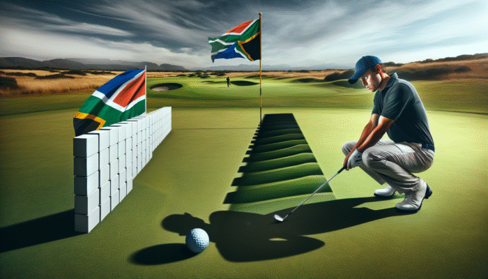 How to Overcome Golf Mental Blocks: A South African golfer confronting mental blocks, symbolised by an invisible barrier and looming shadows of doubt and fear on the green.
