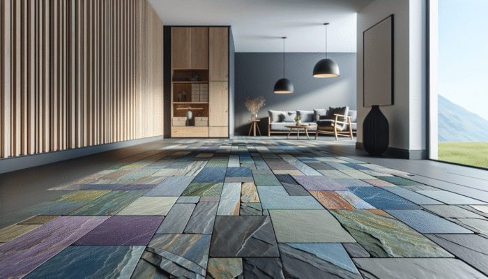 Slate Floor Care: Welsh slate flooring in a modern UK home, displaying a range of deep blues, purples, greens, and greys.