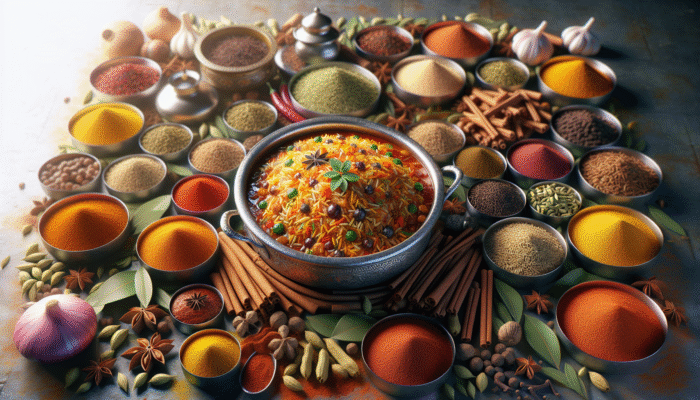A vibrant kitchen scene showcasing an array of spices and a steaming pot of biryani.