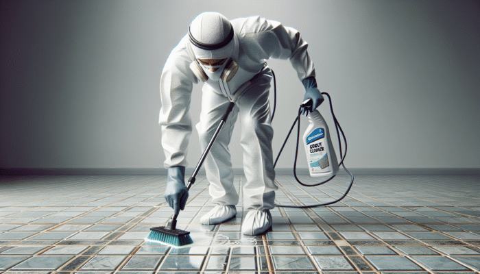 Individual in protective gear spraying grout cleaner and scrubbing with a stiff-bristled brush on tiled floor.