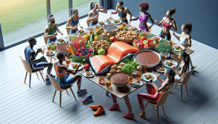 Omega-3 for Young Swimmers: Salmon, walnuts, and flaxseeds on a table, young athletes eating healthily.