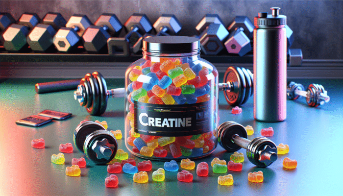Best Creatine Gummies Reviewed: Colourful creatine gummies spilling from a jar onto a gym background with dumbbells and a water bottle.