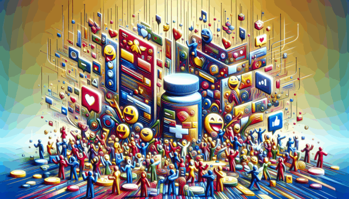 Utilising Humour in Supplement Social Media Campaigns: A vibrant social media interface showcasing humorous supplement brand posts, increasing user engagement and shares across diverse demographics.