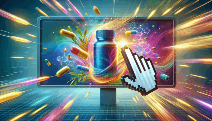 Understanding PPC in Supplement Marketing: A digital billboard showcasing supplement ads, highlighting a cursor clicking on a health product, with search engine results in the background.