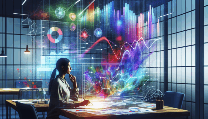 A person analysing PPC campaign data on a digital screen with graphs and budget charts, surrounded by supplement industry logos and keywords.