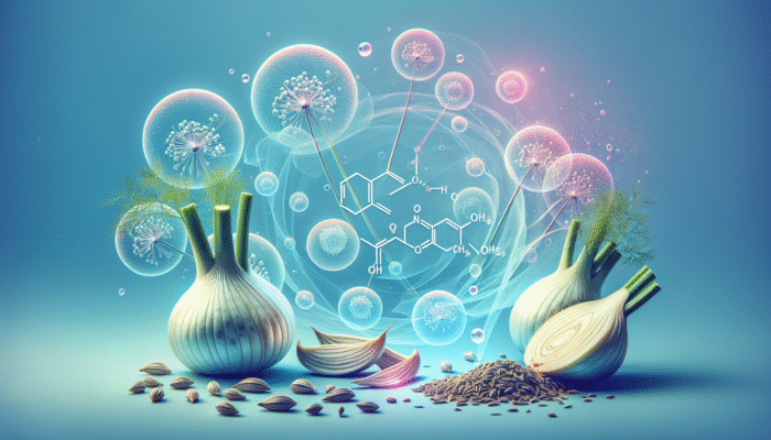 Illustration of glowing fennel bulbs and seeds with anethole, fenchone, estragole molecules on a pastel blue background, symbolising bloating relief.