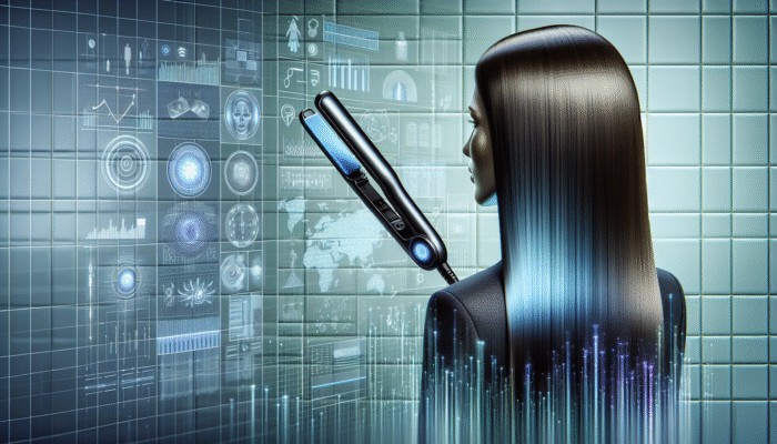 Woman with sleek, straight hair using high-tech straightening iron in a modern bathroom.