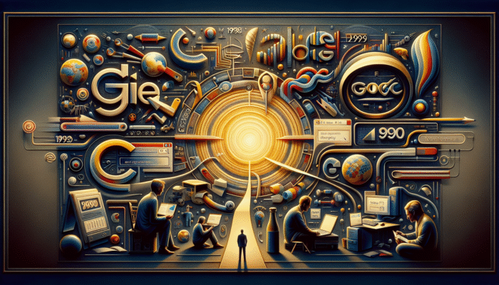 Timeline graphic illustrating the evolution of SEO from the 1990s to early 2000s, featuring Google's launch in 1998 and significant algorithm updates.