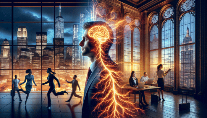 Person in New York office and London library, energised by caffeine, showing enhanced focus and quick task-switching, with neural pathways lighting up.