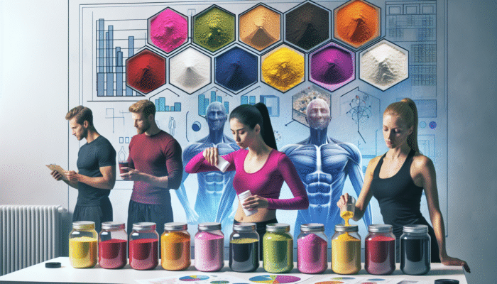 Colourful caffeine powders in jars, mixed into smoothies and shakes by diverse users in a modern kitchen.
