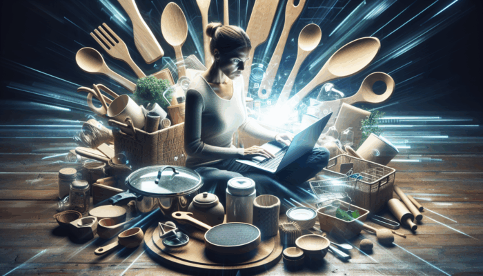 An individual utilising a laptop with SEO tools, showcasing eco-friendly kitchen utensils, achieving high visibility for "sustainable kitchen tools" in search results.