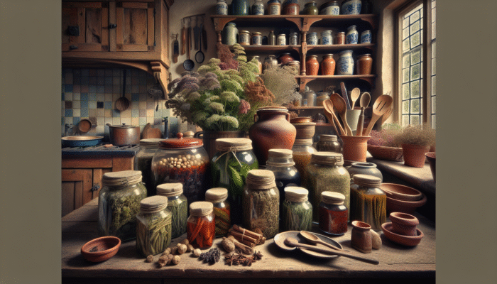 How to Ferment Herbs for Health: Assorted fermented herbs in jars, vibrant colours and textures, rustic UK kitchen backdrop, symbolising health and tradition.