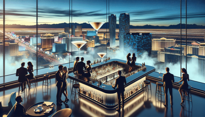 Best Las Vegas Bars for Espresso Martinis: Skybar with panoramic Las Vegas Strip views, couples enjoying signature espresso martinis.