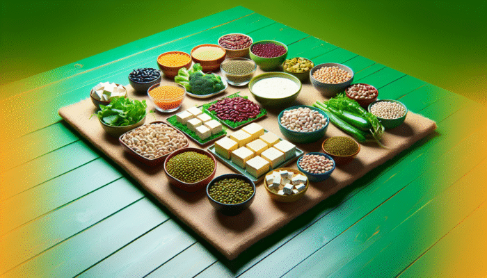 Research on Plant-Based Proteins: A variety of plant-based proteins like beans, lentils, and tofu on a green table, symbolising health and sustainability.