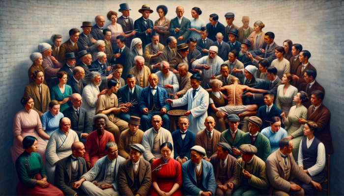 Early 20th-century British individuals gathered around an acupuncturist, displaying a blend of curiosity and skepticism towards the ancient Chinese practice.