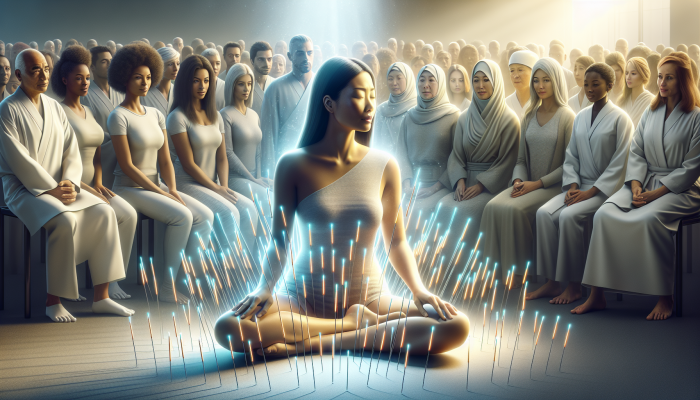 A calm Asian woman undergoing acupuncture treatment, surrounded by illuminated needles, observed by a diverse audience.