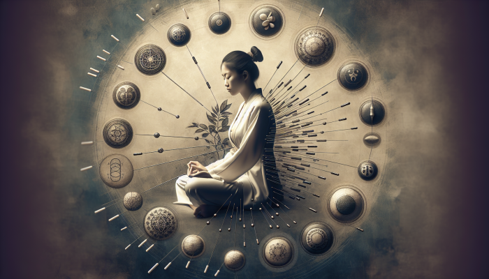 A serene Asian woman receiving acupuncture, surrounded by representations of acupressure, reflexology, and cupping therapies.