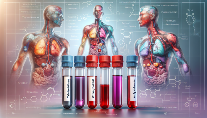Illustration of male hormone blood test vials labeled testosterone, oestrogen, thyroid, with male anatomy diagrams.