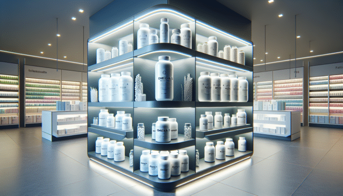 Shelves displaying omega-3 supplements in a modern health store, labelled for purity, sustainability, and potency.