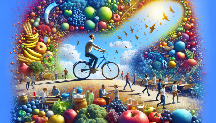 Person cycling in a park, surrounded by healthy foods, symbolising prevention of type 2 diabetes.