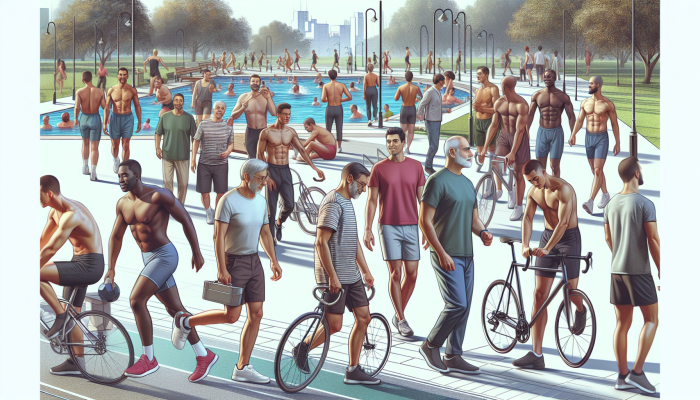 Diverse men exercising in a park, engaging in walking, jogging, swimming, cycling, and strength training, symbolising health and community support for managing type 2 diabetes.