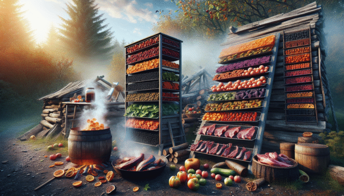 Fruits, vegetables, and meats preserved through drying and smoking, showcasing vibrant colours and rich flavours.