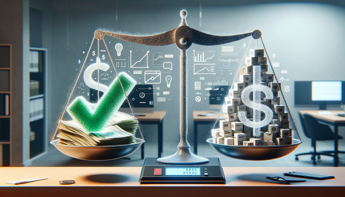 Debt Consolidation Loan Income Requirements: A Comprehensive Guide | DCL A scale balancing bills and a paycheck, with a green checkmark over the lower debt side, in a financial office.