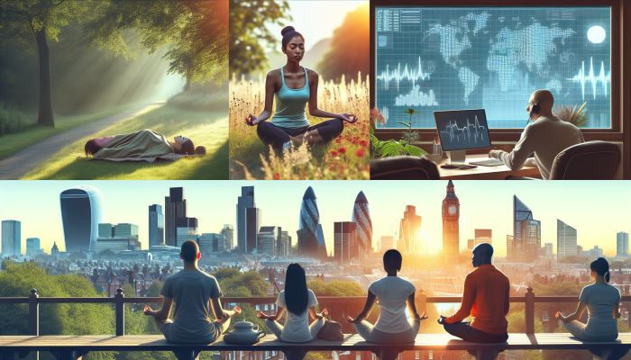 Diverse individuals in a UK cityscape at dawn practicing mindfulness through meditation, breathing, and morning rituals.