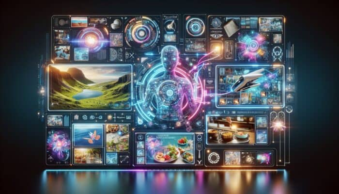 Using AI Chatbots for Interactive Video Experiences: A futuristic interface showing personalised videos with AI chatbot enhancing viewer engagement through travel and cooking shows.